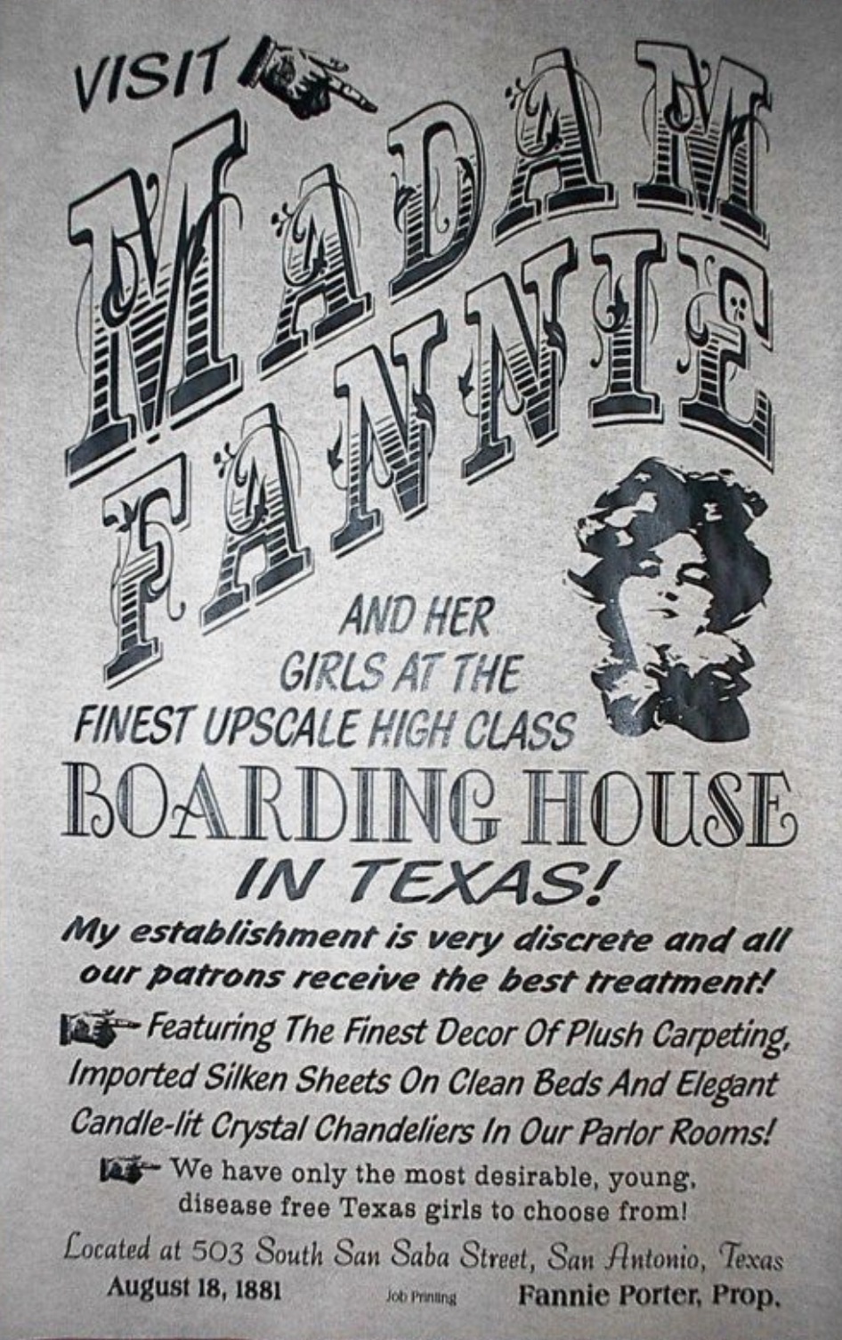 poster - Visit Mad Ada Fanni And Her Girls At The Finest Upscale High Class Boarding House In Texas! My establishment is very discrete and all our patrons receive the best treatment! Featuring The Finest Decor Of Plush Carpeting, Imported Silken Sheets On